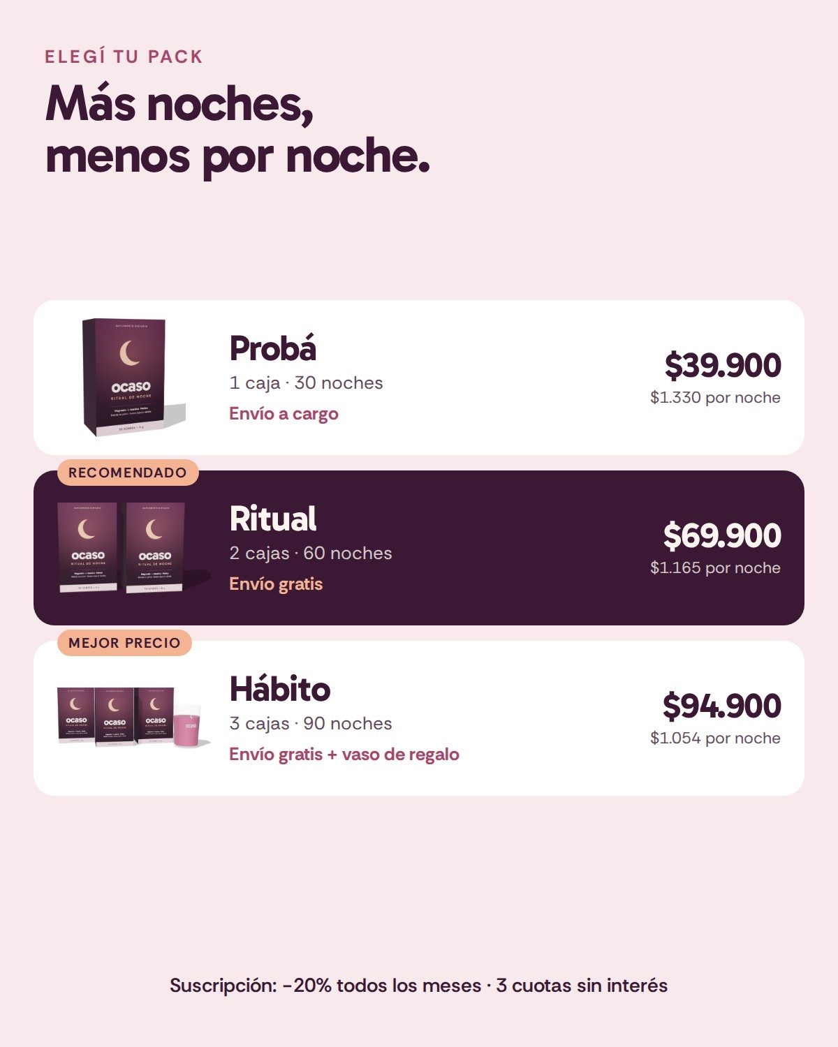 Los tres packs con precio por noche